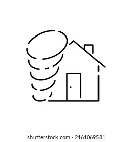 Hurricane, storm or tornado damage house insurance line icon. For mobile concept and web design. Disaster vector. Symbol, logo illustration. Vector graphics. Save and protect