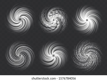 Hurricane swirls set isolated on a transparent background. White top view of dangerous natural disaster: cyclone, typhoon, tornado collection. Vector illustration.