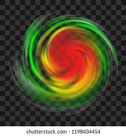 Hurricane symbol with intensity indication, tornado, typhoon, twister on dark transparent background. Top view. Danger cyclone vector illustration, icon, logo, web infographic. Eps10 vector.