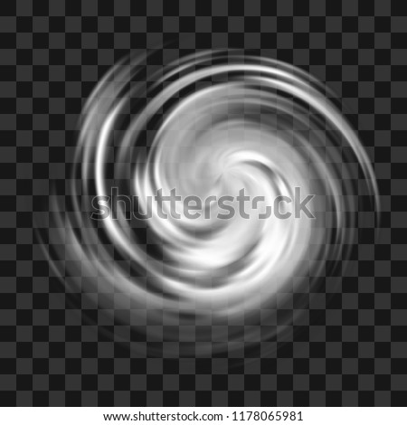 Hurricane symbol, tornado, typhoon, white swirl clouds, twister on dark transparent background, top view. Danger cyclone vector illustration, icon, logo, web infographic
