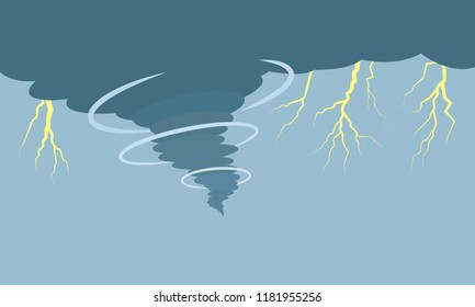 Hurricane and tornado with lightning on the background of the dark sky. flat vector illustration