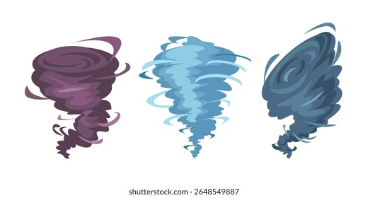 Furacão ou movimento de tornado, tempestade isolada com movimentos em espiral. Vetor em estilo plano, nuvem azul ou smog. Fenômeno climático e natural com destruição e consequências catastróficas