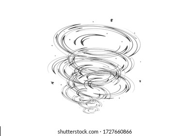 Hurricane Or Tornado Of Rounded Lines, With Particles Of Dust And Debris. A Twister Vector Sketch On An Isolated White Background.