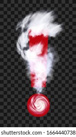 Hurrikan-Taifun Sturm Tornado. Klimaschutzlogo. Wettervorhersage für den Zyklon. Die Wolken kreisen um das rote Ausrufezeichen. Symbol mit Transparenz auf dunkel-kariertem Hintergrund. Vektorillustration