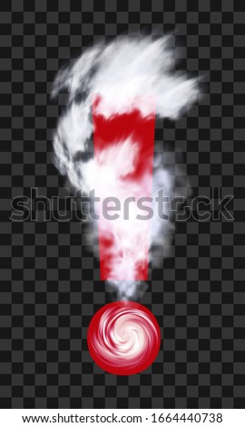 Hurricane typhoon tornado storm. Climate warning logo. Cyclone weather forecast logotype. Clouds swirl around red exclamation mark. Symbol with transparency on dark checkered background. Vector