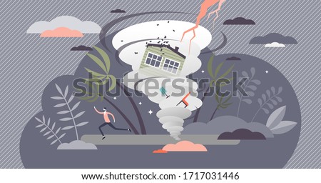 Hurricane vector illustration. Tropical cyclone flat tiny persons concept. Dangerously strong whirlpool wind and lightening storm. Nature disaster and house destruction scene. Meteorological overcast.