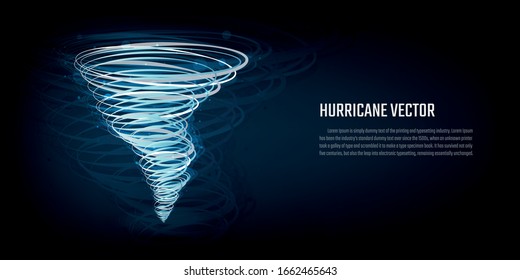 Hurricane vector symbol icon on dark blue background. Tornado swirl isolated. Weather icon concept natural disaster tornado, cyclone, hurricane. Vector Illustration.