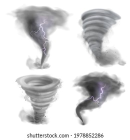 Hurricane vortex. Realistic tornado, 3D twister storm with lightning bolt. Whirlwind air funnels set. Natural disaster. Destructive phenomenon. Spiral wind motion. Vector catastrophe