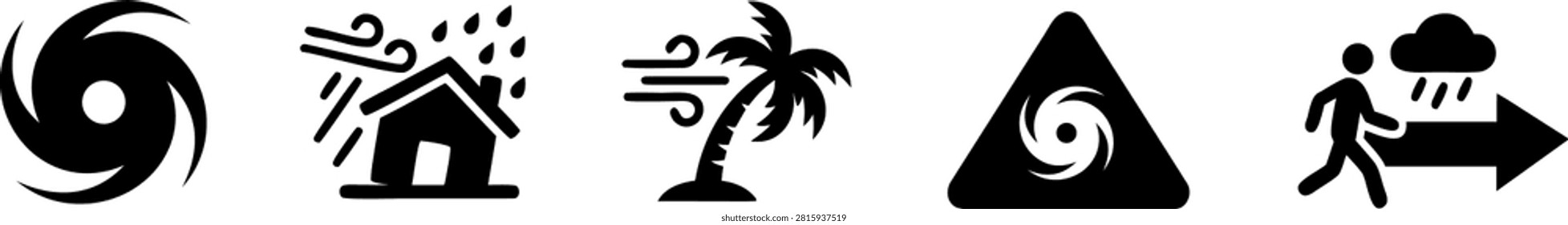 Hurricane warning icon set with storm, cyclone, evacuation and weather damage symbols