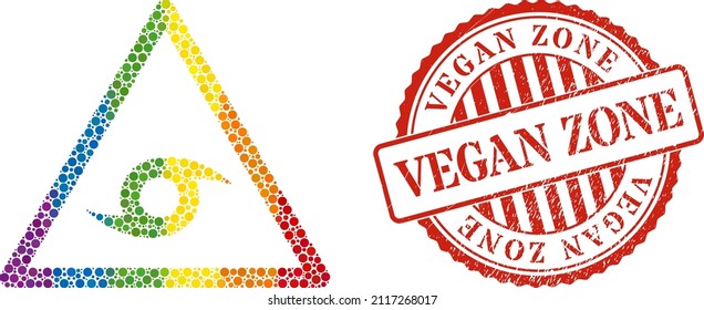 Hurrikan-Warnmosaik-Symbol von Kreisflecken in variabler Größe und Spektrum hellen Farben. Roter abgerundeter Stresssiegeldruck mit Vegan Zone Nachricht.