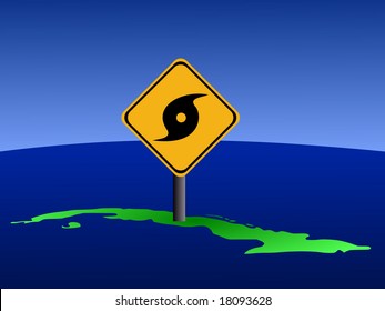 hurricane warning sign on Cuba map illustration