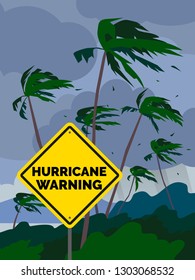 hurricane warning yellow sign stormy landscape with palm trees