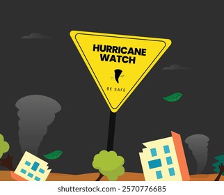 Hurricane watch signage. Tornado sign awareness banner with broken trees, broken house, wind, and dark cloud background. Vector illustration of damage done by Tornado. Columbia, San Francisco, Forest