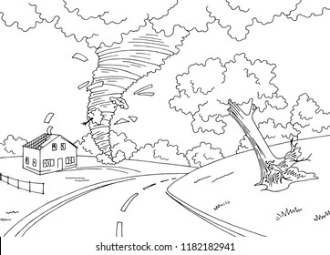 Hurricane whirlwind storm graphic black white landscape city sketch illustration vector