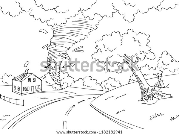 Hurricane whirlwind storm graphic\
black white landscape city sketch illustration\
vector