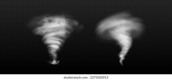 Hurricane whirlwinds set isolated on transparent background. Vector realistic illustration of tornado vortex, stormy weather with strong wind, dust swirl, funnel cloud of smoke, weather cyclone