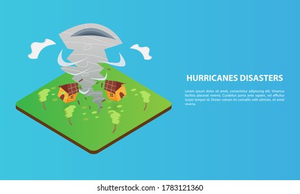 Hurricanes Disasters Isometric gradient background with fly house, tree, and cloud