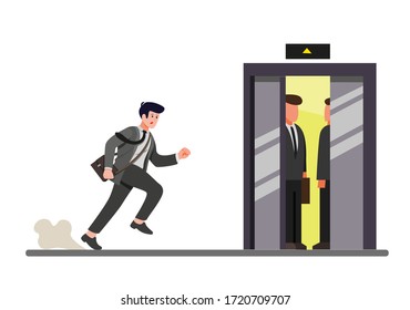 hurried businessman running to inside elevator, office worker late for work in cartoon flat illustration vector