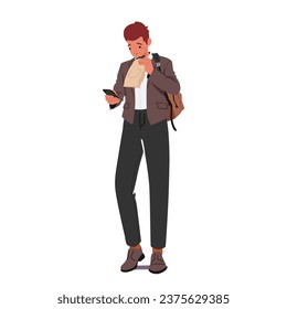 Hurried Student Boy with Backpack Hastily Munching Fast Food, While Reading Message. Character Rushes, Fueling Up On-the-go, Fast-paced Life In Pursuit Of Knowledge. Cartoon People Vector Illustration