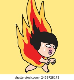Hurried Woman Catches Fire While Walking, Rushed To The Office Concept Card Character illustration