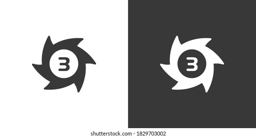 Hurrincane. Categoría tres. Tercer tipo. Icono aislado sobre fondo blanco y negro. Ilustración de vectores meteorológicos