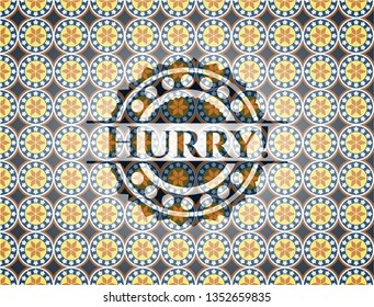 Hurry! arabic style emblem. Arabesque decoration.