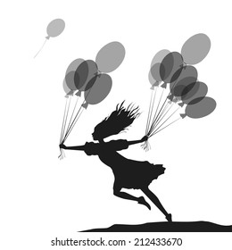 hurry up to birthday, holding balloons, shadows, black, white background, girl with balloons