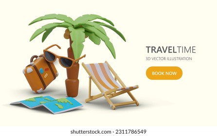 Hurry up to book ocean tour. Advertising layout for travel company. Web design template for social networks, sites. Offers for solo travelers. Poster with 3D elements, text, book now button