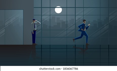 Hurry up businessman go back home run and leave from his office building at dark night and full moonlight. City lifestyle of work hard late overtime and overwork. Goodbye salute security officer scene