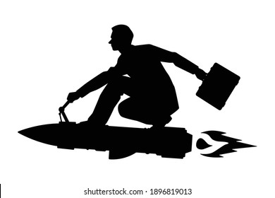 Hurry Businessman On Rocket Silhouette Vector On White Background