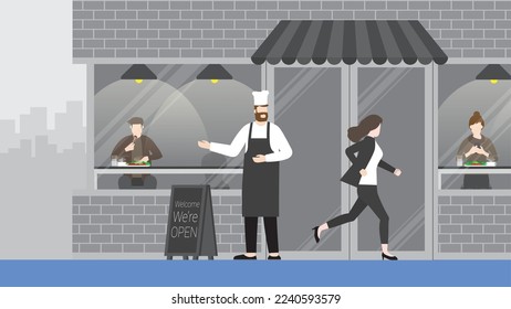 Hurry businesswoman runs a race against time, past the bistro restaurant. Rush hour, Urgent, Busy, Hectic, Daily haste, the fast pace of life, the hustle and bustle of an urban lifestyle concept. 