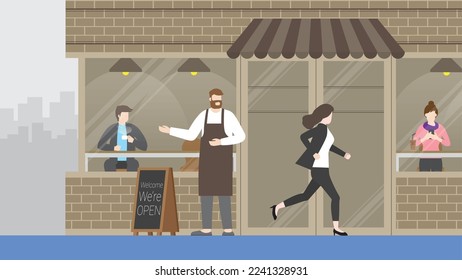 Hurry businesswoman runs a race against time, past the coffee shop cafe. Rush hour, Urgent, Busy, Hectic, Daily haste, the fast pace of life, the hustle and bustle of an urban lifestyle concept. 