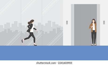 Hurry businesswoman runs a race against time to a waiting office elevator. Rush hour, Urgent, Busy, Hectic, Daily haste, the fast pace of life, the hustle and bustle of an urban lifestyle concept.