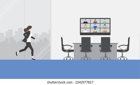 Hurry businesswoman runs a race against time to an online video conference meeting. Rush hour, Urgent, Busy, Hectic, Daily haste, the fast pace of life, the hustle and bustle of an urban lifestyle.