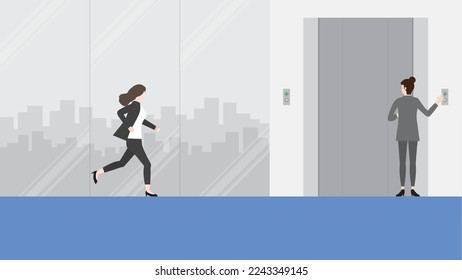 Hurry businesswoman runs a race against time to a waiting office elevator. Rush hour, Urgent, Busy, Hectic, Daily haste, the fast pace of life, the hustle and bustle of an urban lifestyle concept. 