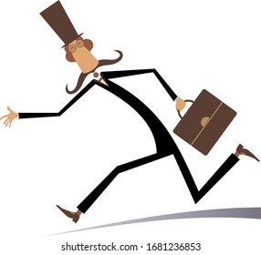 Hurry and busy man isolated illustration. Hurry and busy long mustache man in the top hat with a bag isolated on white illustration
