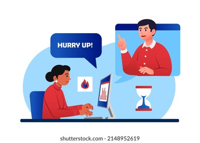 Hurry up concept. Young girl under supervision of man trying to meet deadline, motivational poster or banner. Employee, worker trying to turn in project on time. Cartoon flat vector illustration