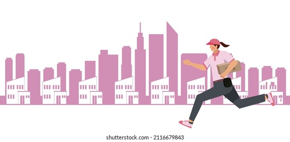 Hurry delivery driver, Asian female avatar, building street background, infographics