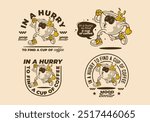 In a hurry to find a cup of coffee. Running coffee cup character illustration in retro vintage style