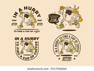 In a hurry to find a cup of coffee. Running coffee cup character illustration in retro vintage style