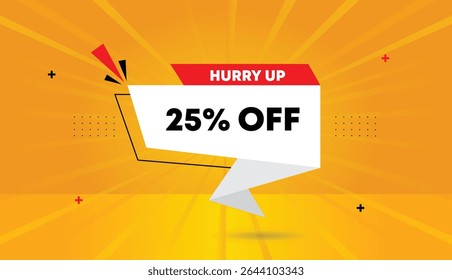 Hurry up grab 25% off web banner vector art elements illustration icon label badge design template shapes with white red sun shine background orange yellow abstract style high quality 4k