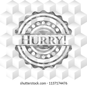 Hurry! grey badge with geometric cube white background