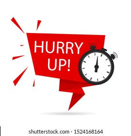 Hurry up icon for promotion, special deal, discount, offer, with clock. Countdown banner, tag with hurry up text, clock for sale.Last minute offer stamp.Red hurry up label, ribbon. vector eps10