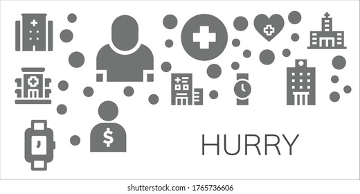 ajuste de icono de prisa. 11 iconos de prisa rellenados. Incluido Hospital, Vendedor, Iconos de reloj de pulsera
