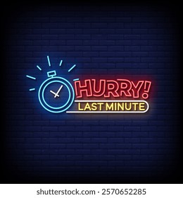 hurry last minute neon sign style with brick wall background vector