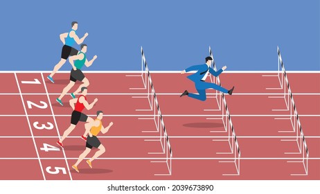 Hurry lifestyle concept. The fastest runner is jumping overcome obstacle by running faster and better start on race track. The leader is a businessman other rival competitors are athlete sport person.