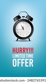 Hurry! Limited time offer Banner. Time is Running Out text with an alarm clock concept. Deadline Ending Soon 3d Illustration, Banner, Background, Stopwatch, vector illustration. Portrait Banner. 