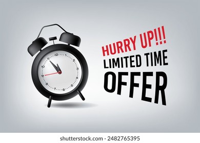 Hurry! Limited time offer Banner. Time is Running Out text with an alarm clock concept. Deadline Ending Soon 3d Illustration, Banner, Background, Stopwatch, vector illustration. Landscape Banner. 