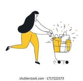 Hurry up to make a purchase, internet shop, online store customer order concept. Running cartoon woman with a cart or trolley full of products and bags. Flat line vector illustration on white.