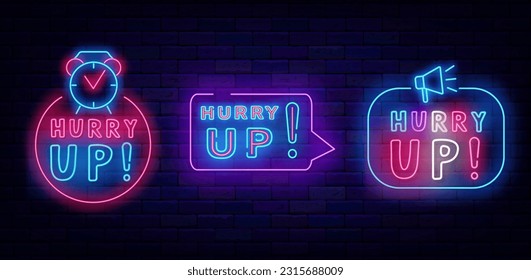 Hurry up neon labels collection. Alarm clock, Speech bubble frame. Border with megaphone. Limited shopping offer. Special marketing. Luminous shopping design. Glowing signs. Vector stock illustration